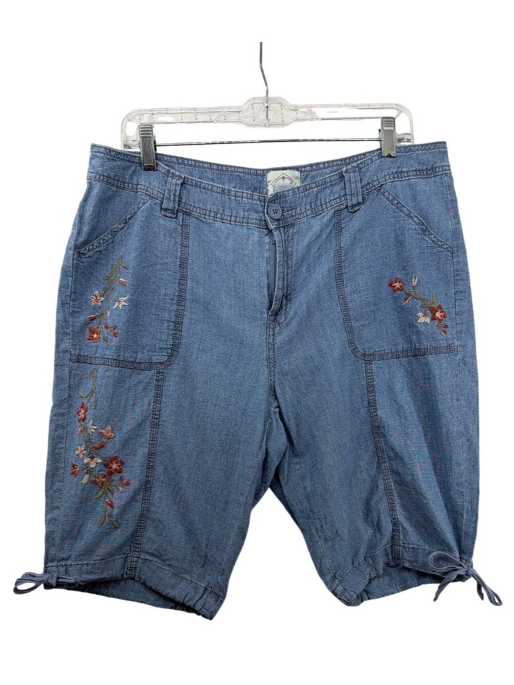 St. Johns Bay Womens Shorts Sz 14W Blue Denim Embroidered Bow Ties Boho Floral